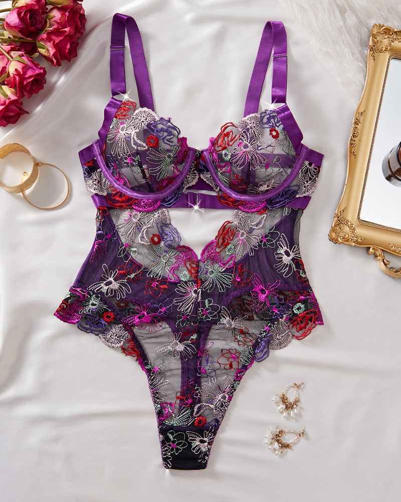 Monique™ | Ensemble de Lingerie en Mesh Élégant avec Broderie Florale & Détails Découpés