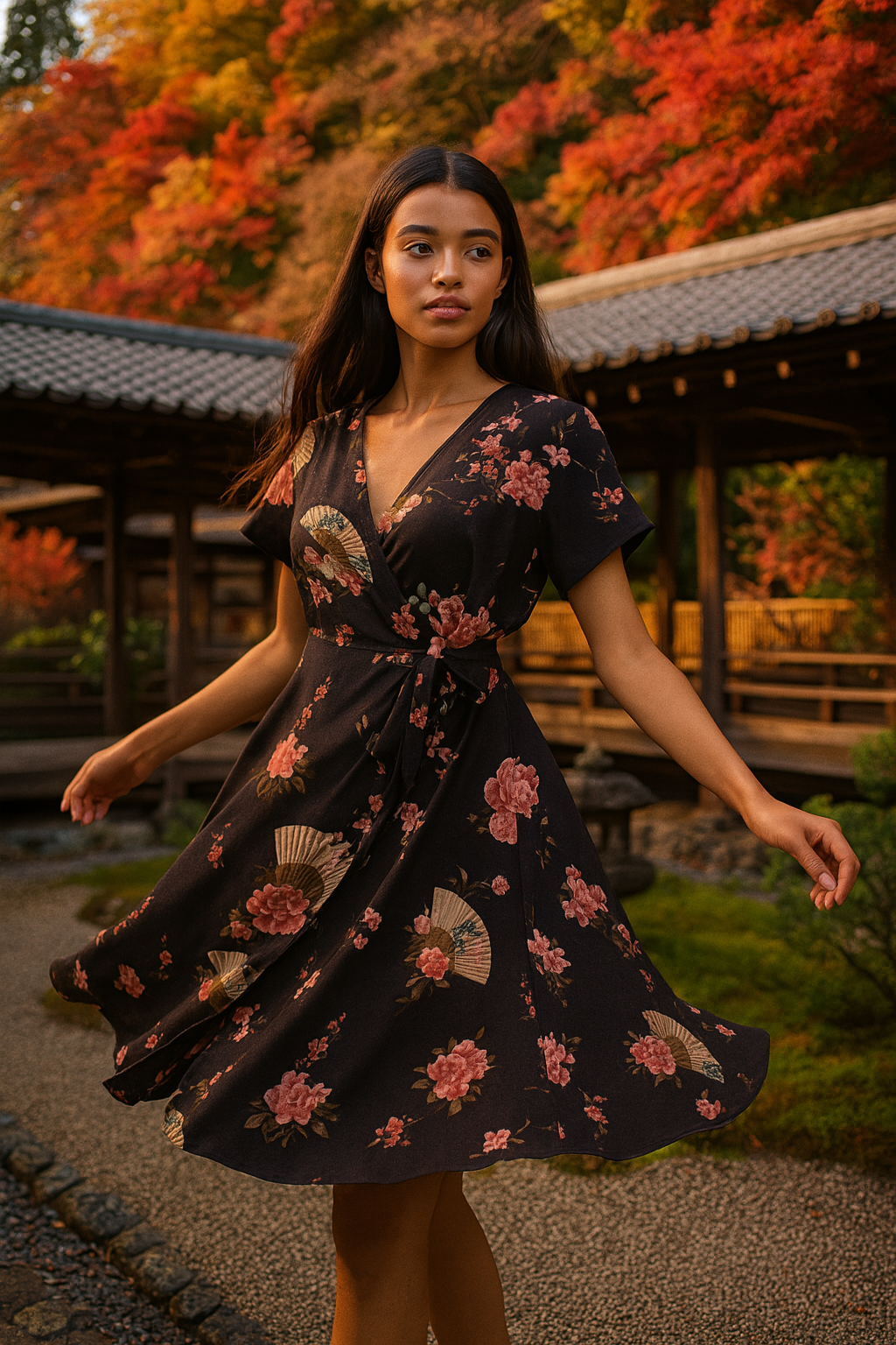 Robe portefeuille fluide et japonisante.