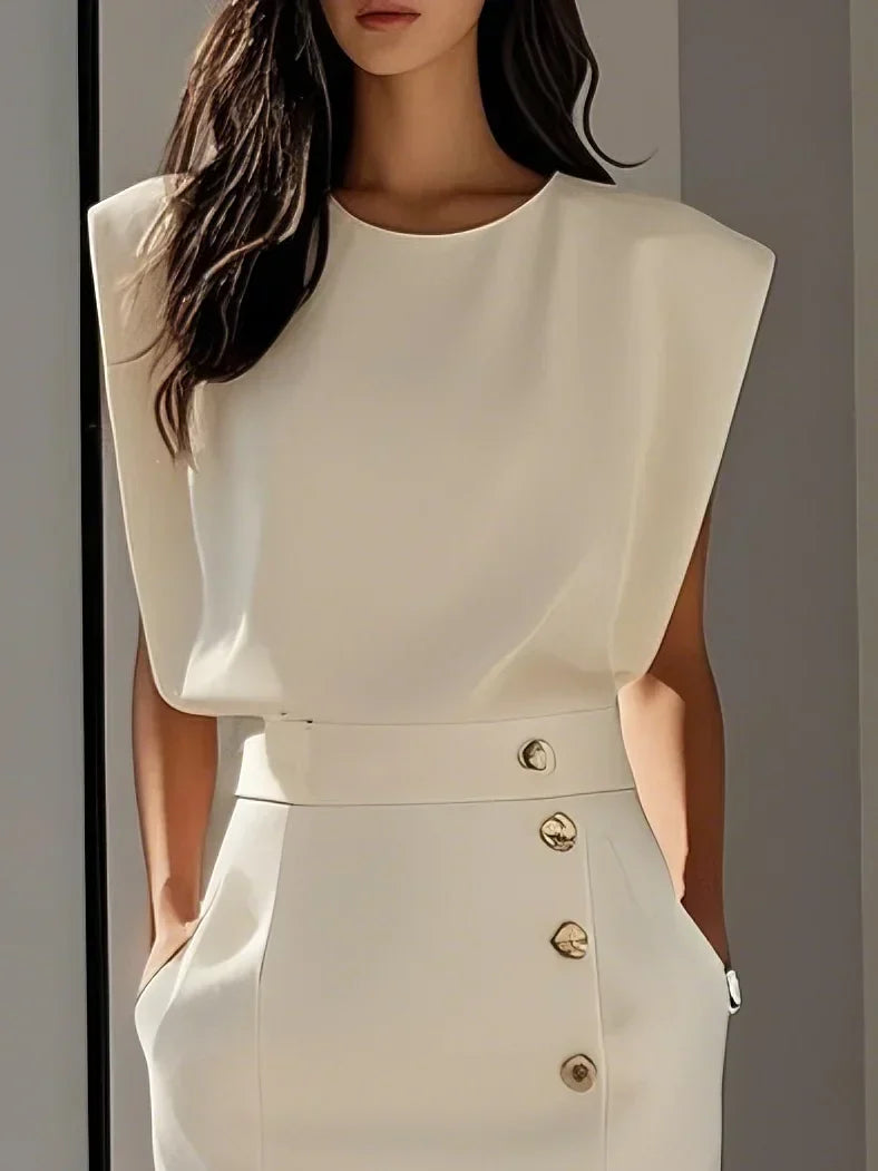 Malène™ | Robe midi union avec fente à boutons et décolleté rond