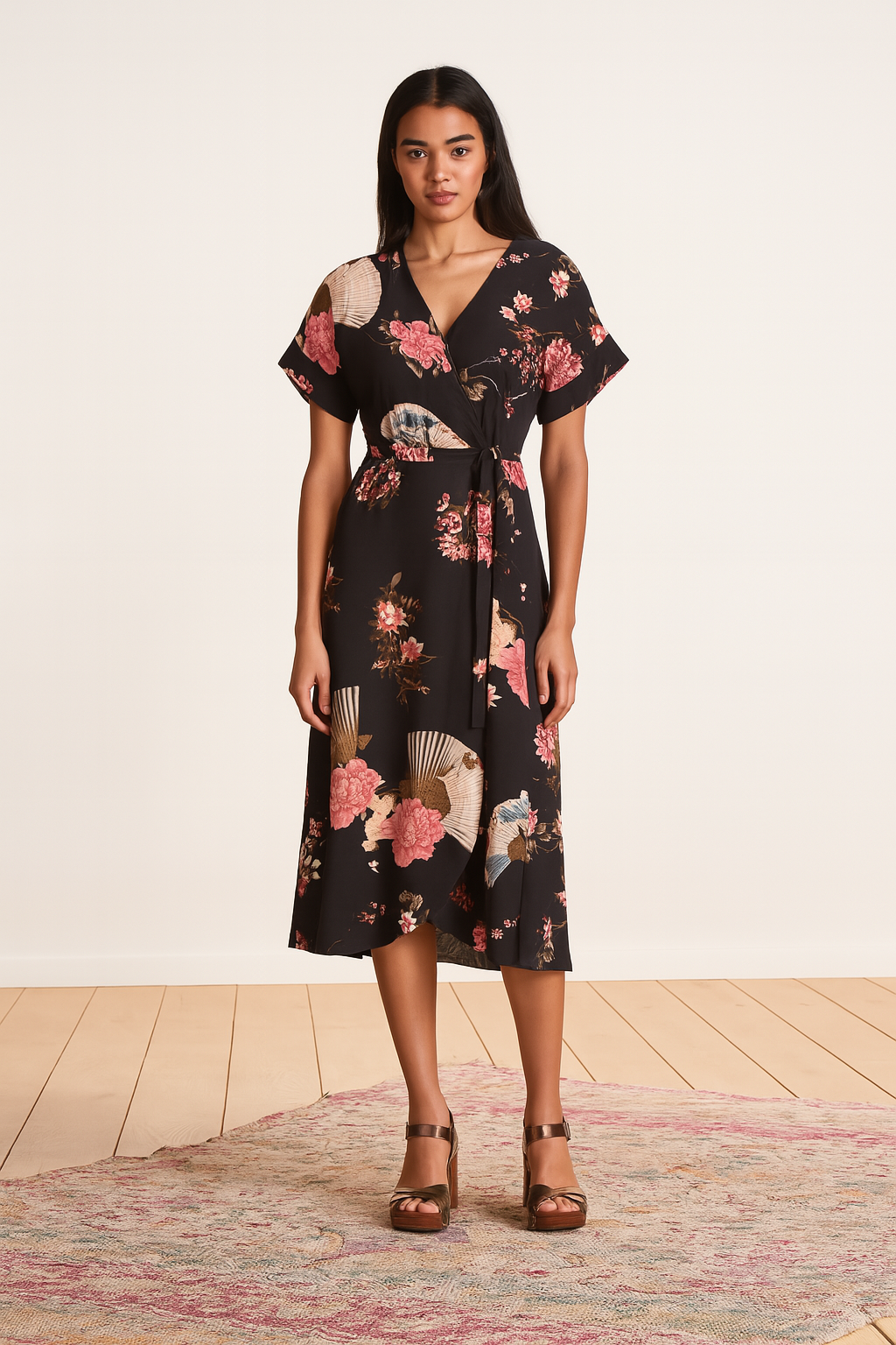 Robe portefeuille fluide et japonisante.