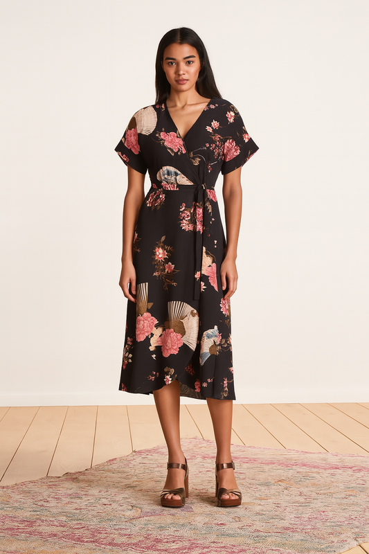 Robe portefeuille fluide et japonisante.