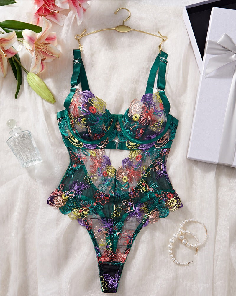 Monique™ | Ensemble de Lingerie en Mesh Élégant avec Broderie Florale &amp; Détails Découpés
