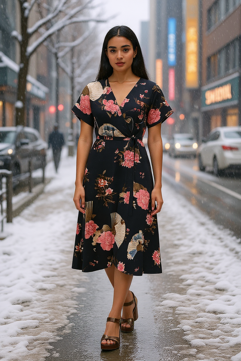 Robe portefeuille fluide et japonisante.