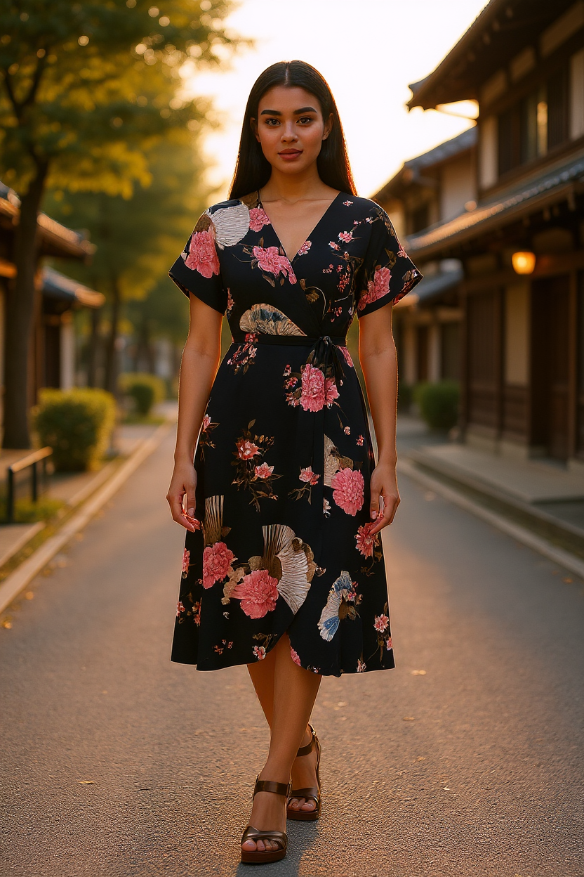 Robe portefeuille fluide et japonisante.