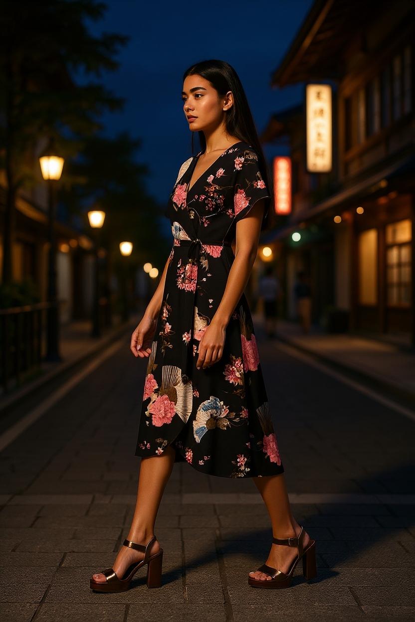 Robe portefeuille fluide et japonisante.