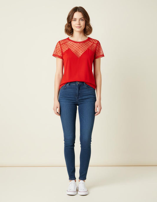Tee-Shirt Avec Incrustation Plumetis Rouge - Taille S/36