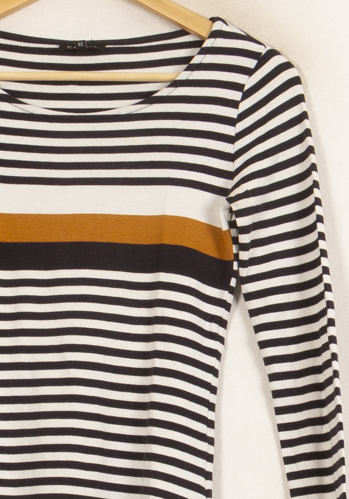 Pull Rayé Noir Blanc et Moutarde - Taille M/38