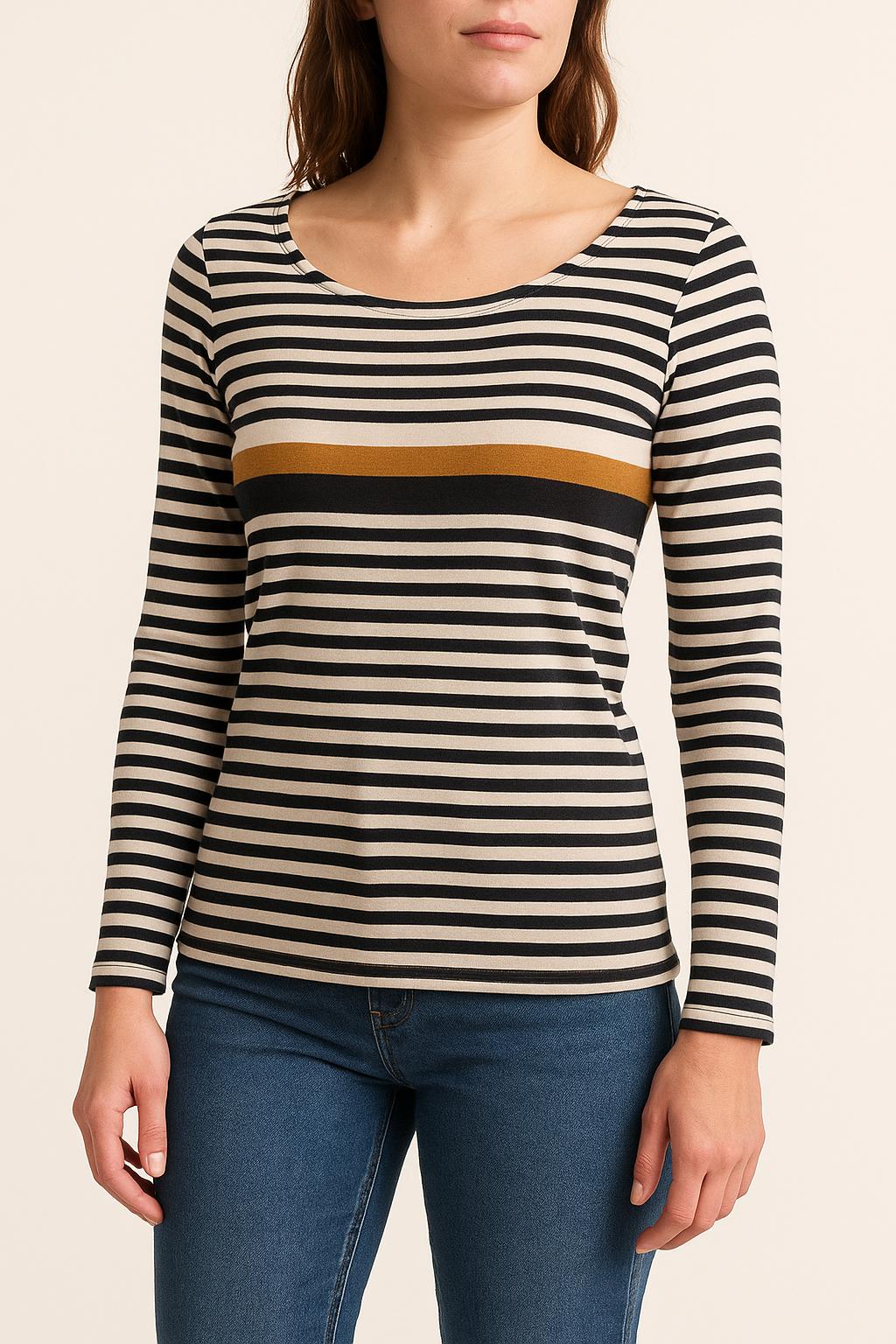 Pull Rayé Noir Blanc et Moutarde - Taille M/38