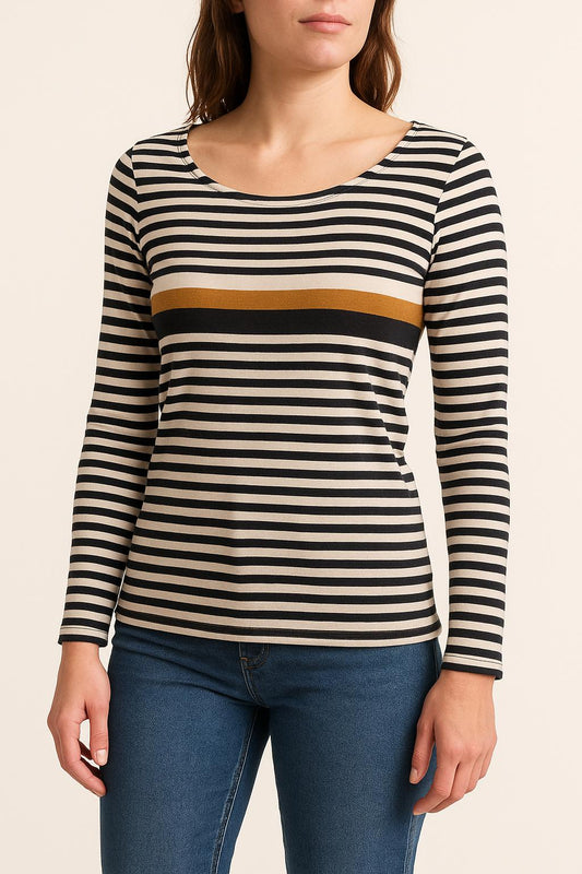 Pull Rayé Noir Blanc et Moutarde - Taille M/38