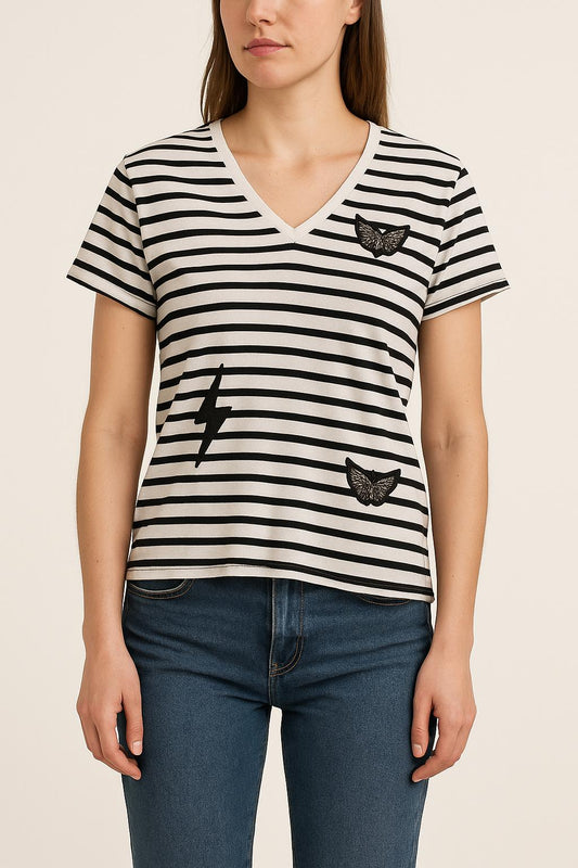 T-shirt blanc et noir rayé - Taille XS/34