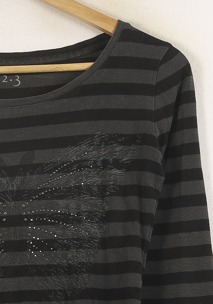 Tee-shirt Manches Trois Quarts Gris et Noir - Taille S/36