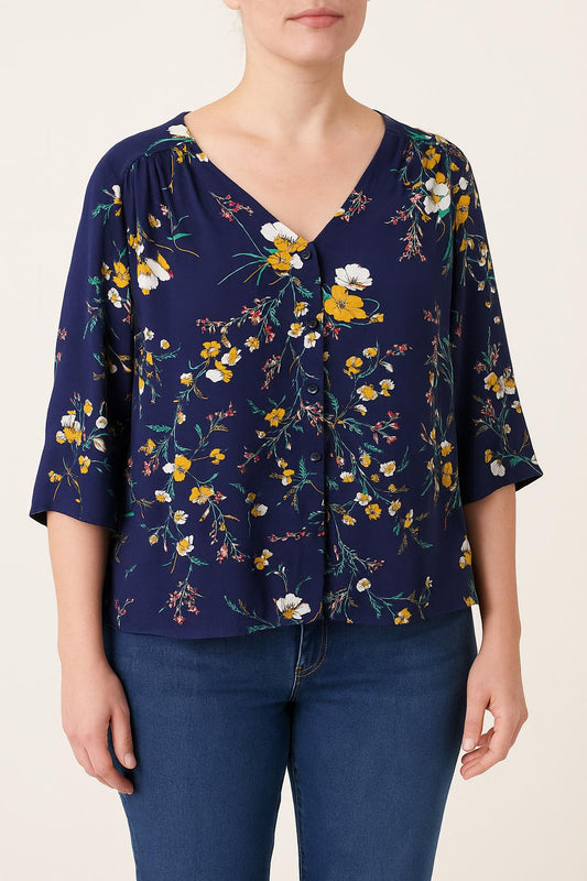 Blouse Fleurie Bleu et Jaune - Taille XL/42