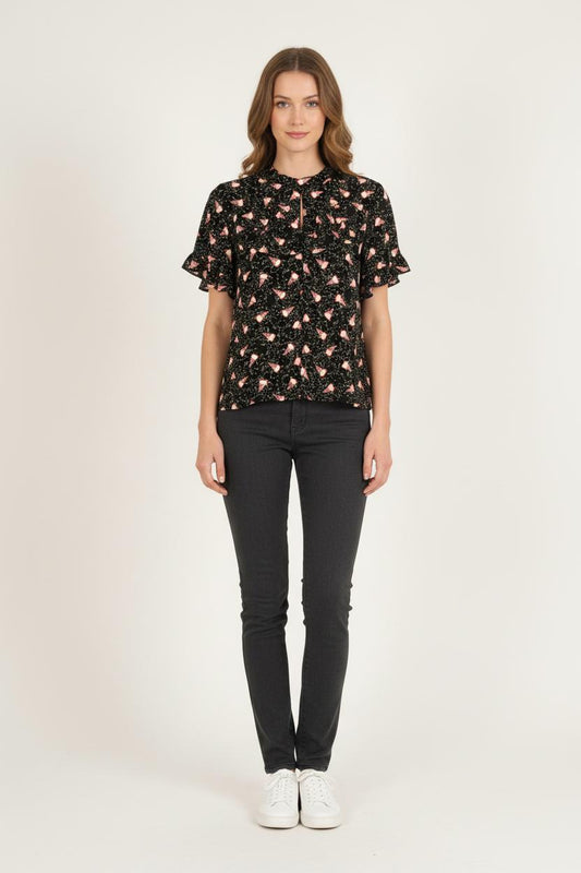 Blouse Noire et Rose - Taille S/36