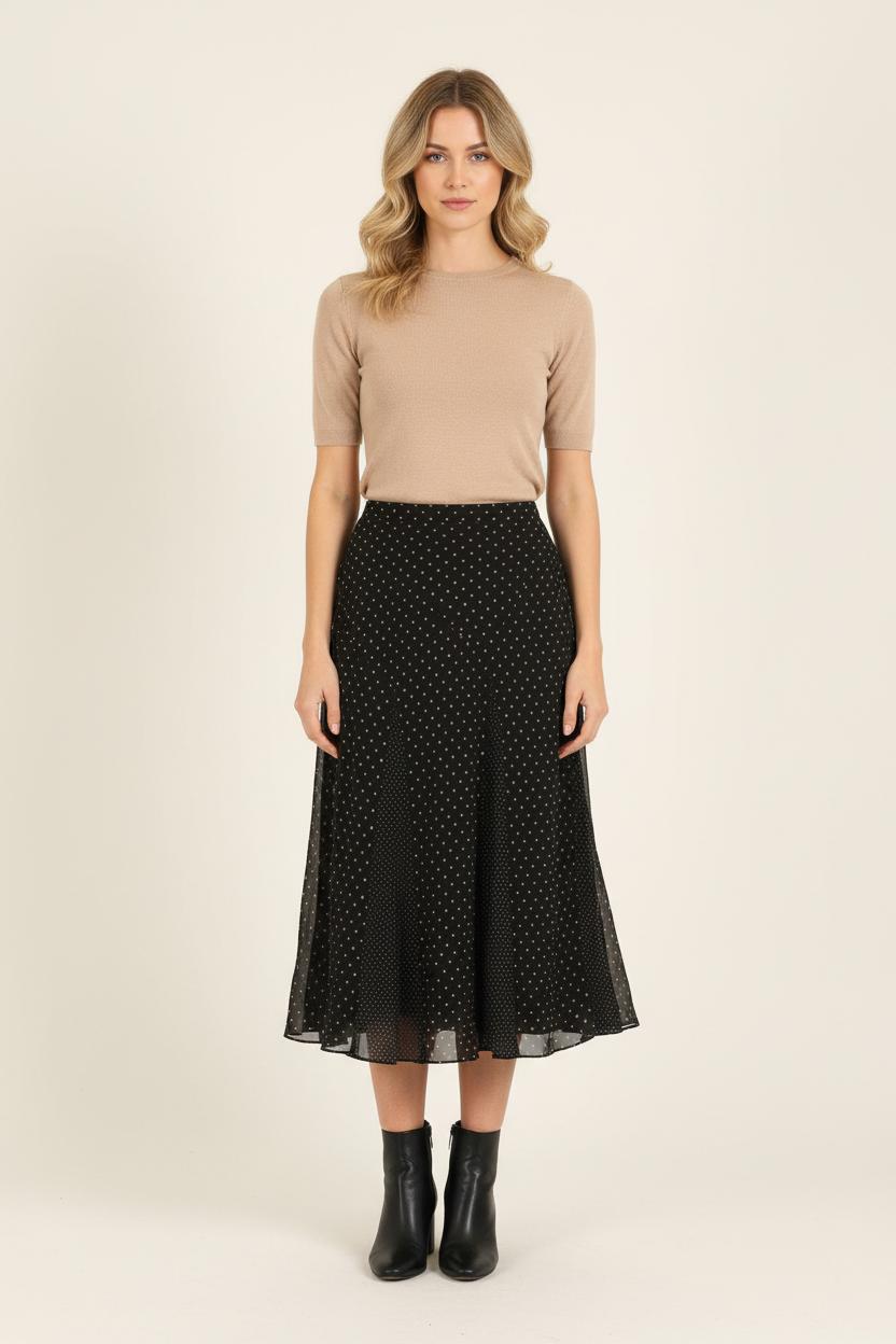 Jupe Longue Noire à Pois Beiges - Taille M/38