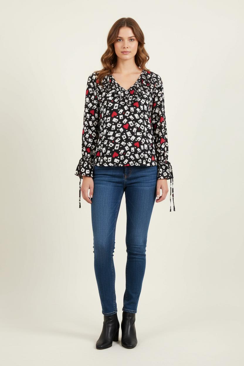 Blouse Noire et Blanche à motifs rouges - Taille XL/42