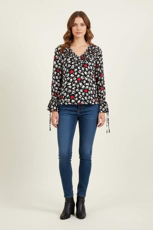 Blouse Noire et Blanche à motifs rouges - Taille XL/42