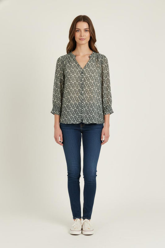 Blouse Vert et Beige - Taille XS/34