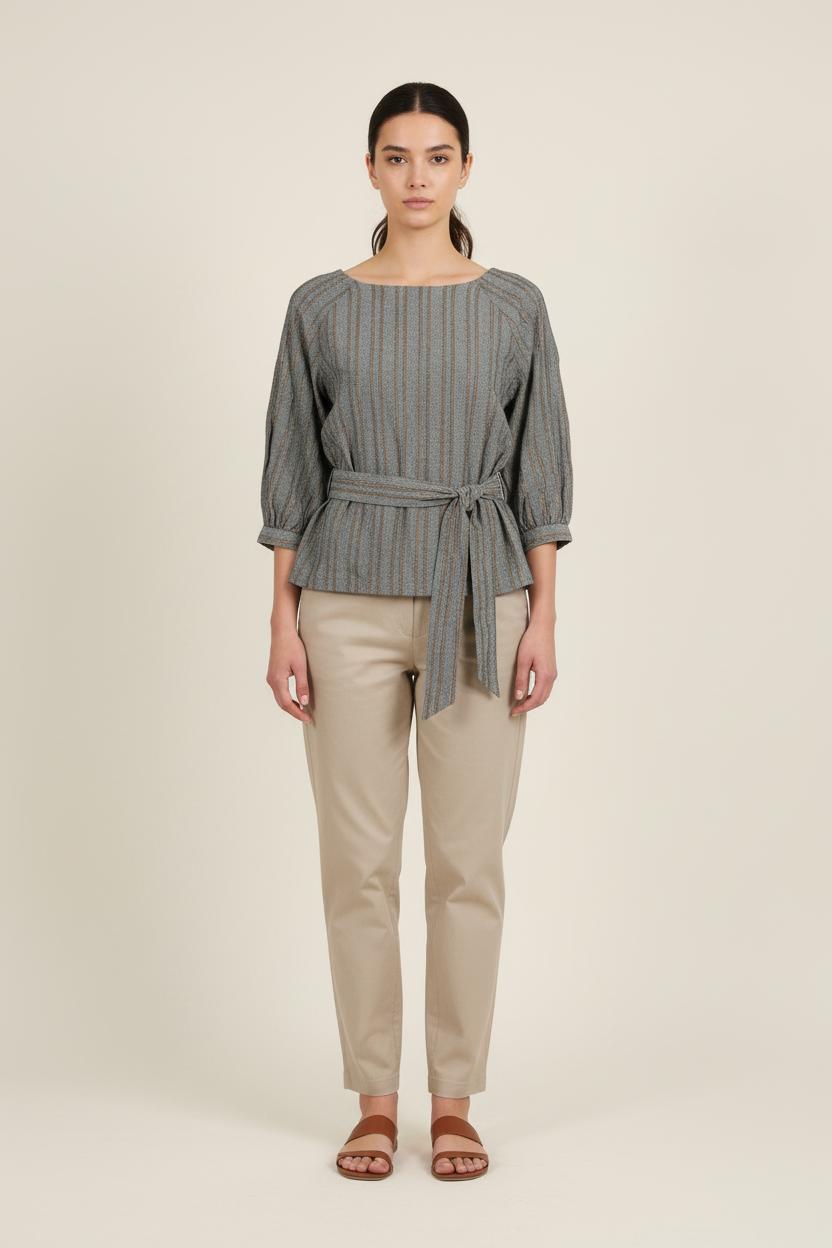 Blouse Grise à Rayures Marron - Taille S/36