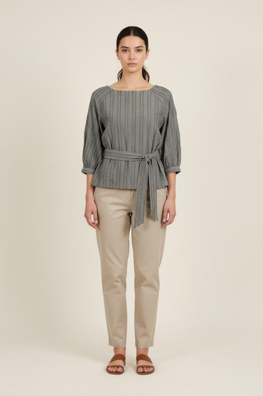 Blouse Grise à Rayures Marron - Taille S/36