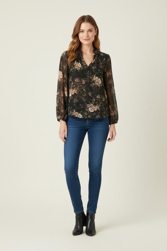 Blouse Noire et Fleurie - Taille XS/34