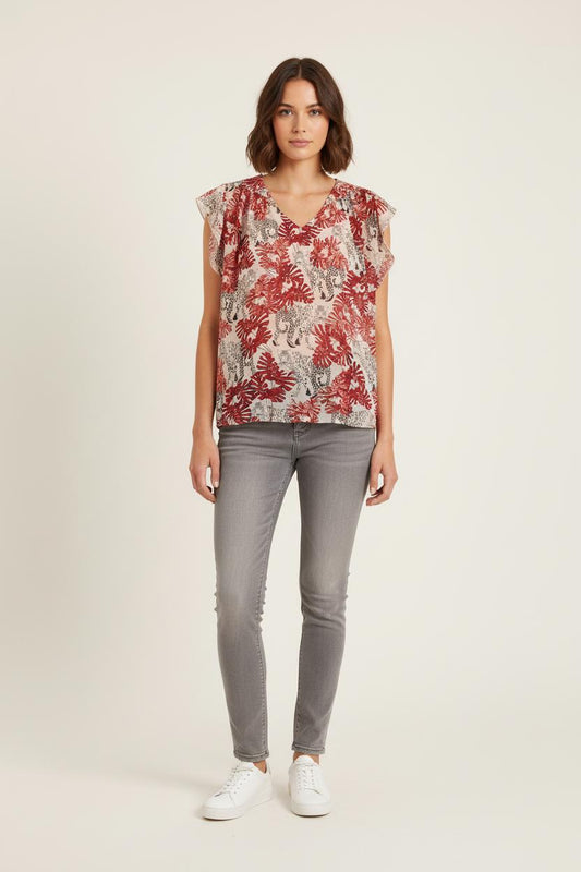 Blouse Rouge et Beige - Taille XL/42