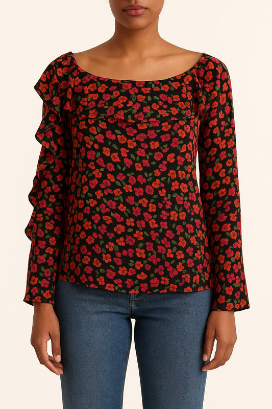 Blouse Noire et Fleurie - Taille M/38