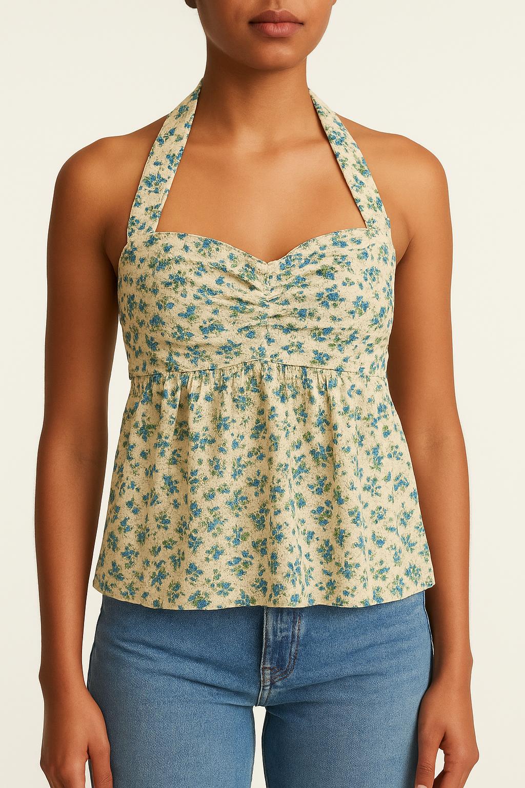 Top Fleuri Beige et Bleu - Taille XS/34