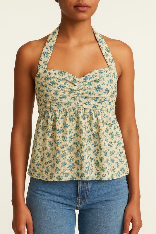 Top Fleuri Beige et Bleu - Taille XS/34