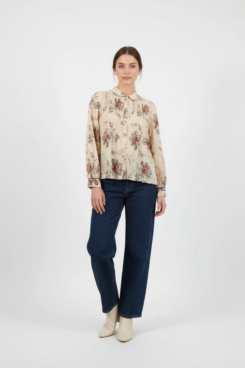 Blouse Fleurie Beige et Rouge - Taille XS/34