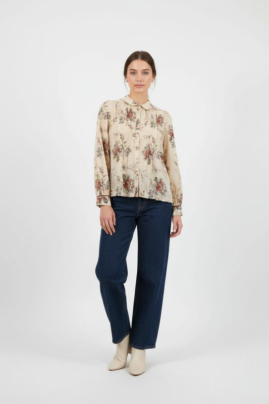 Blouse Fleurie Beige et Rouge - Taille XS/34