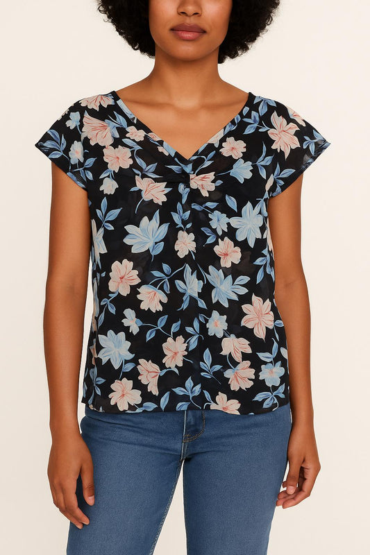 Blouse Fleurie Bleue et Blanche - Taille S/36