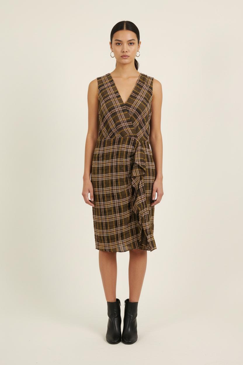 Robe Croisée Marron à Carreaux - Taille S/36