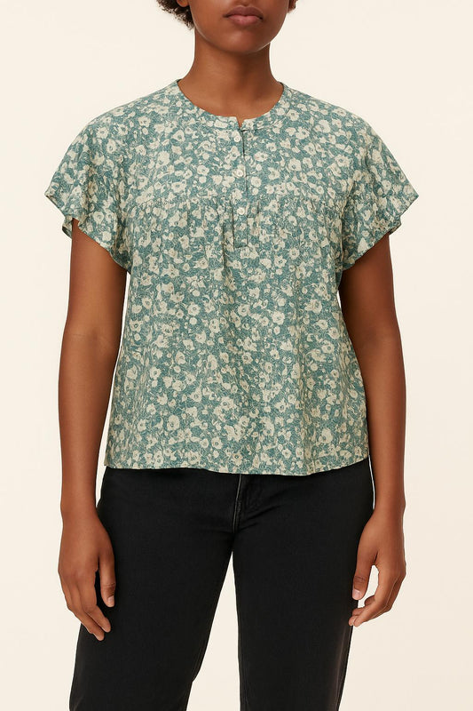 Blouse Fleurie Verte et Blanche - Taille S/36