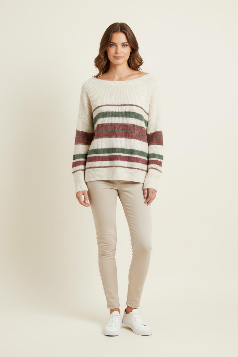 Pull Rayé Écru Vert et Bordeaux - Taille S/36