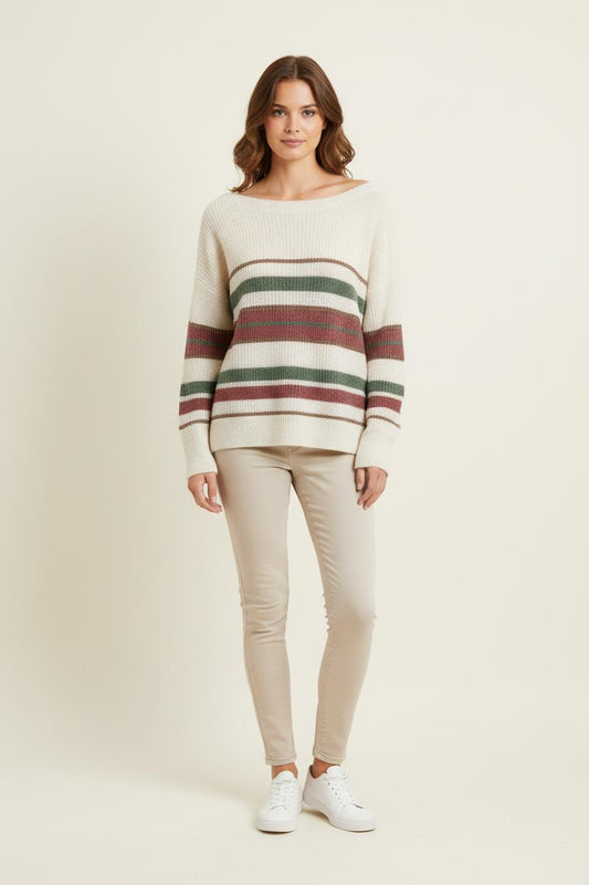 Pull Rayé Écru Vert et Bordeaux - Taille S/36