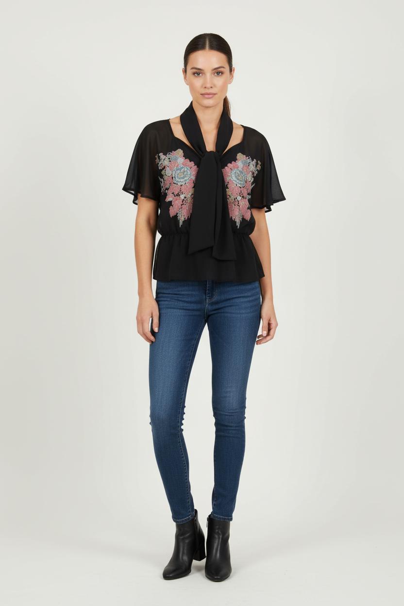 Blouse Noire et Rose - Taille S/36