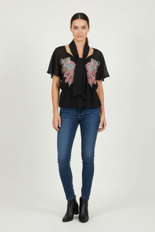 Blouse Noire et Rose - Taille S/36