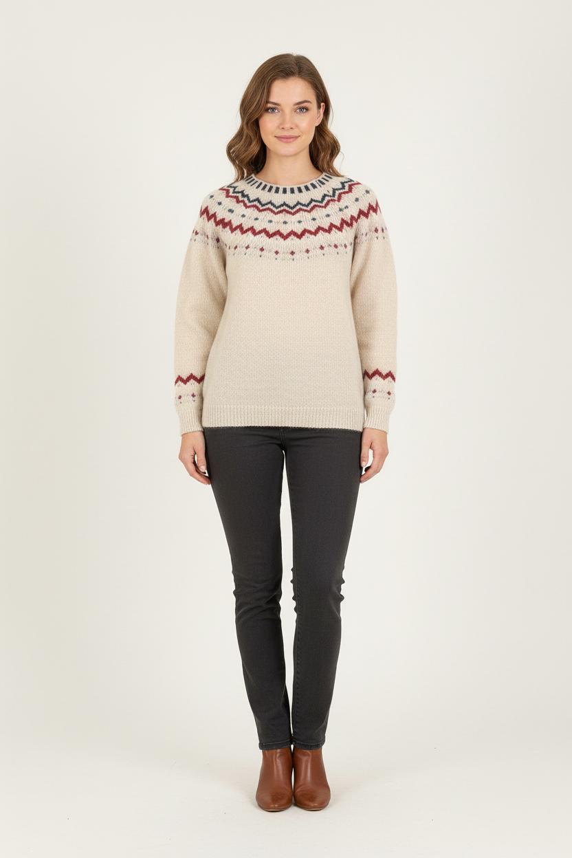 Pull Écru à Motifs Rouges et Bleus - Taille M/38