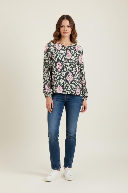 Blouse Imprimée Noir et Rose - Taille L/40