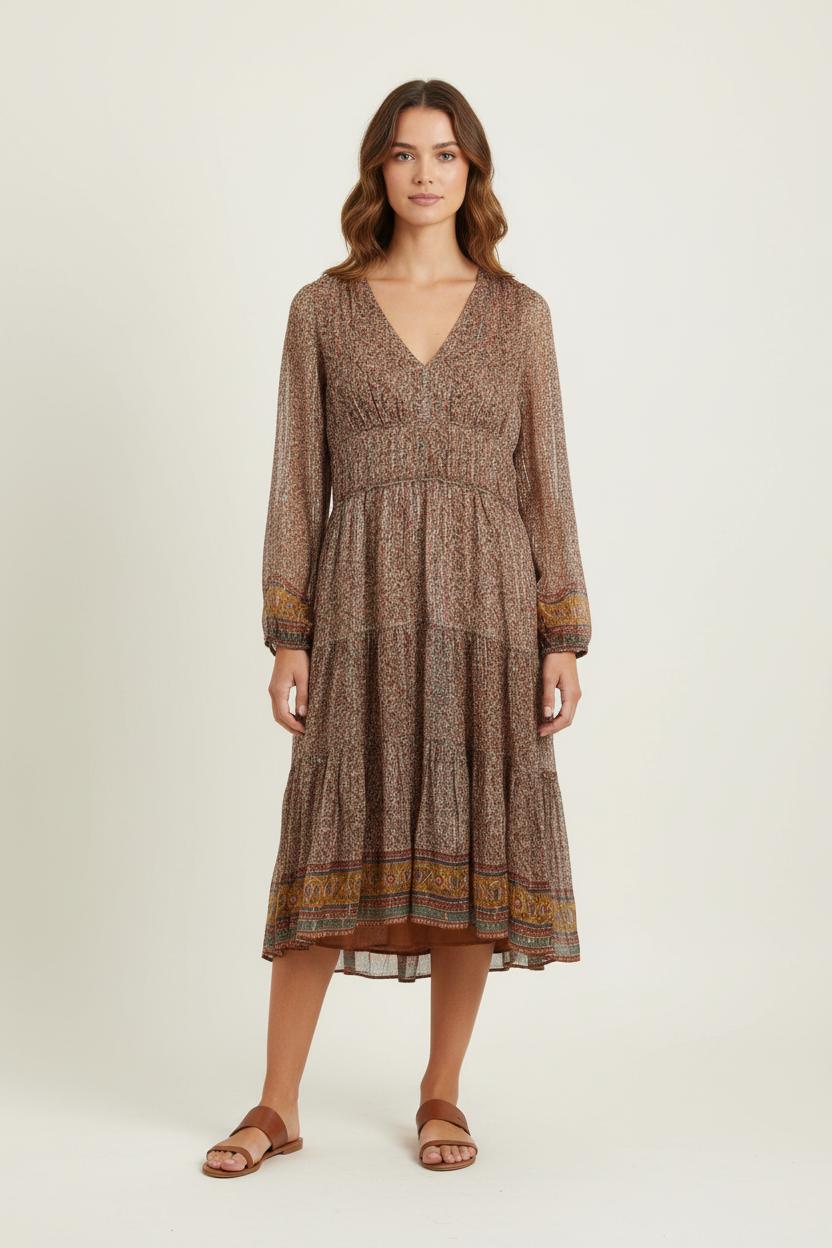 Robe Longue Marron et Jaune - Taille M/38