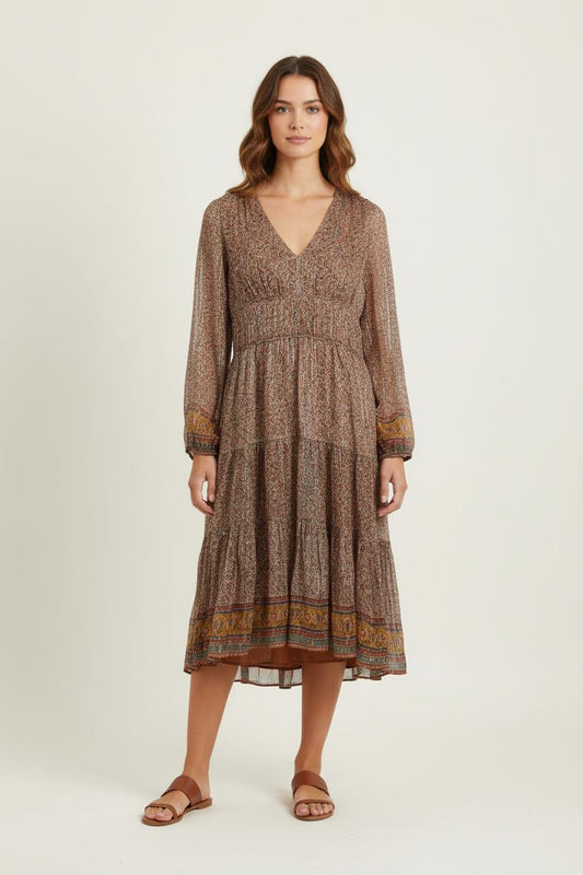 Robe Longue Marron et Jaune - Taille M/38