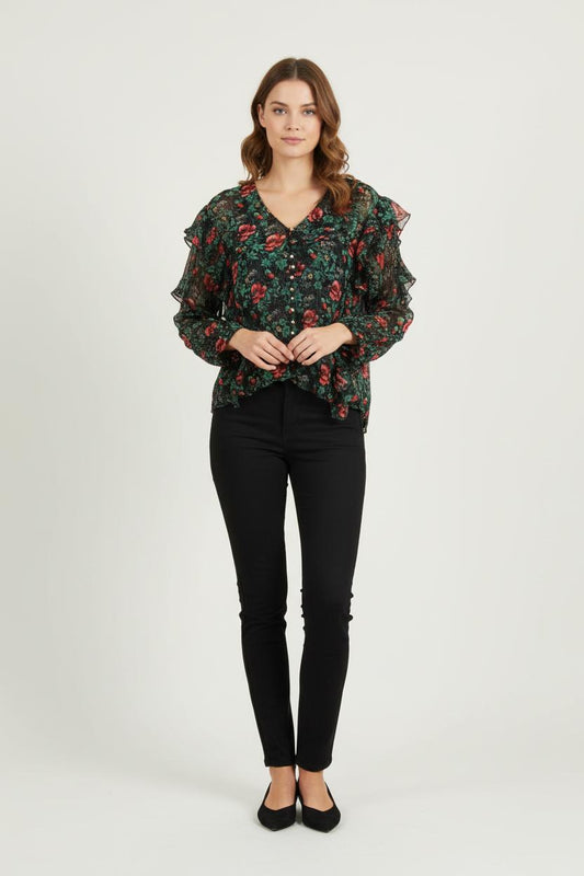 Blouse Verte et Rouge - Taille S/36