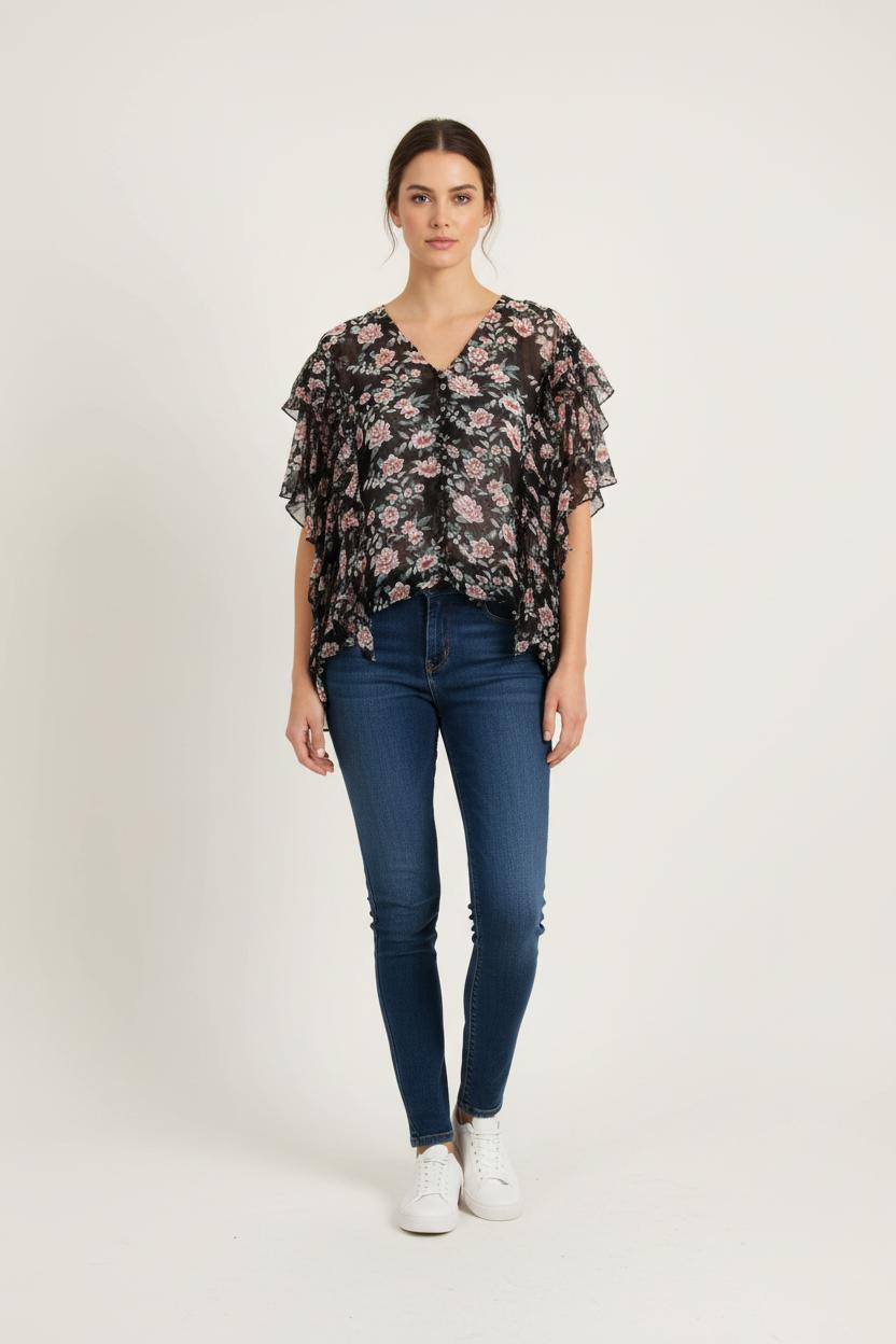 Blouse Noire et Rose - Taille S/36