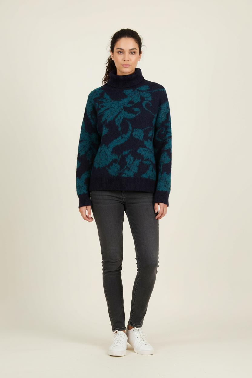 Pull Col Roulé Bleu Marine et Vert - Taille XS/34