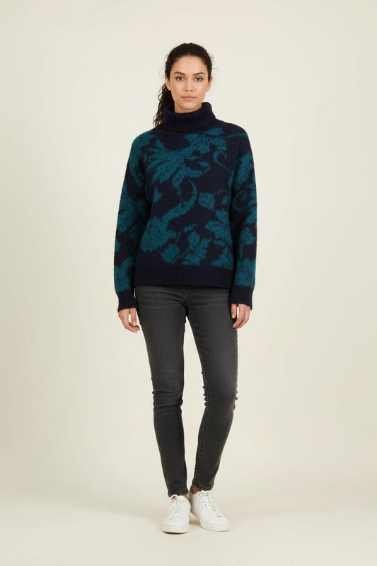 Pull Col Roulé Bleu Marine et Vert - Taille XS/34