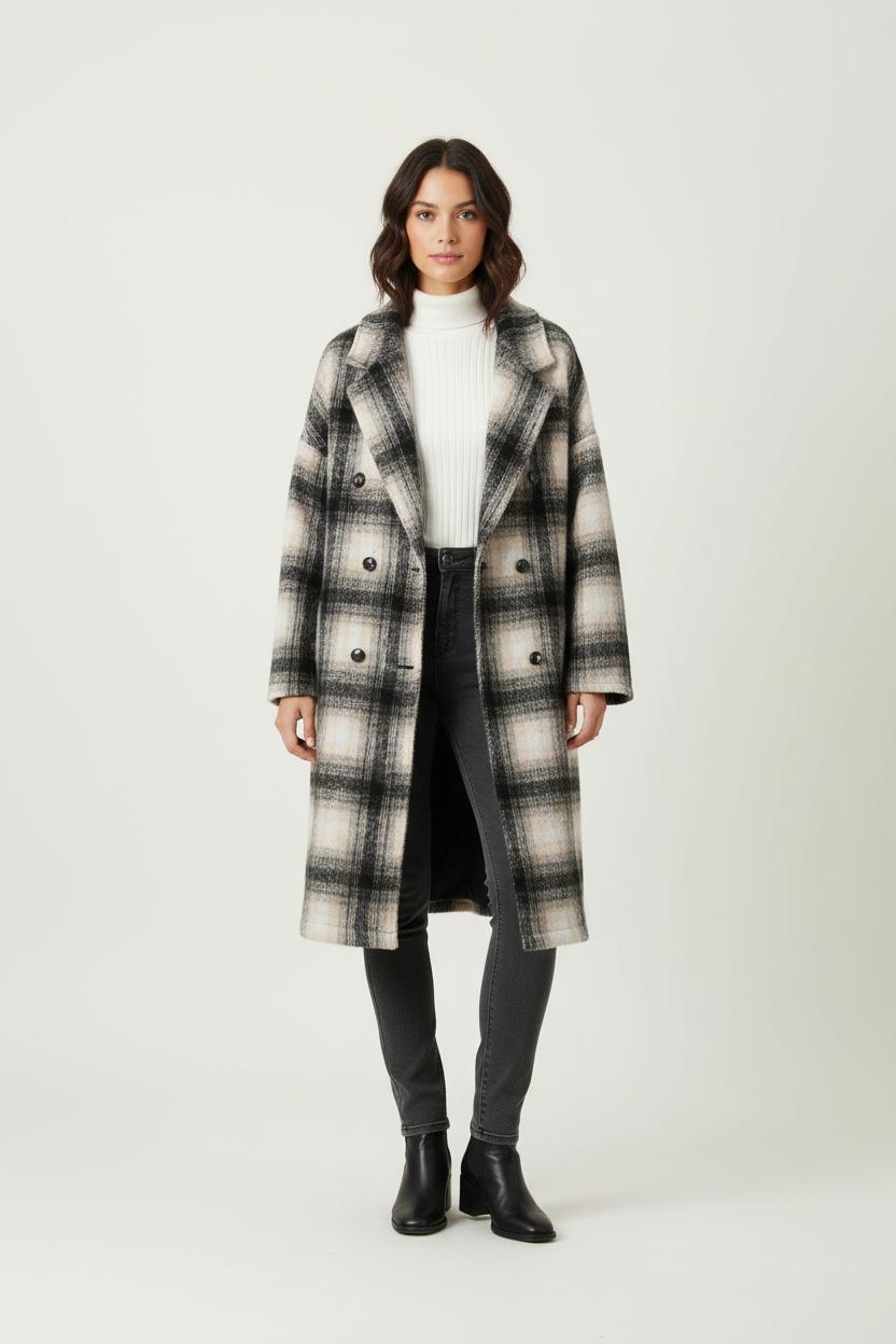 Manteau À Carreaux Noir et Beige - Taille S/36