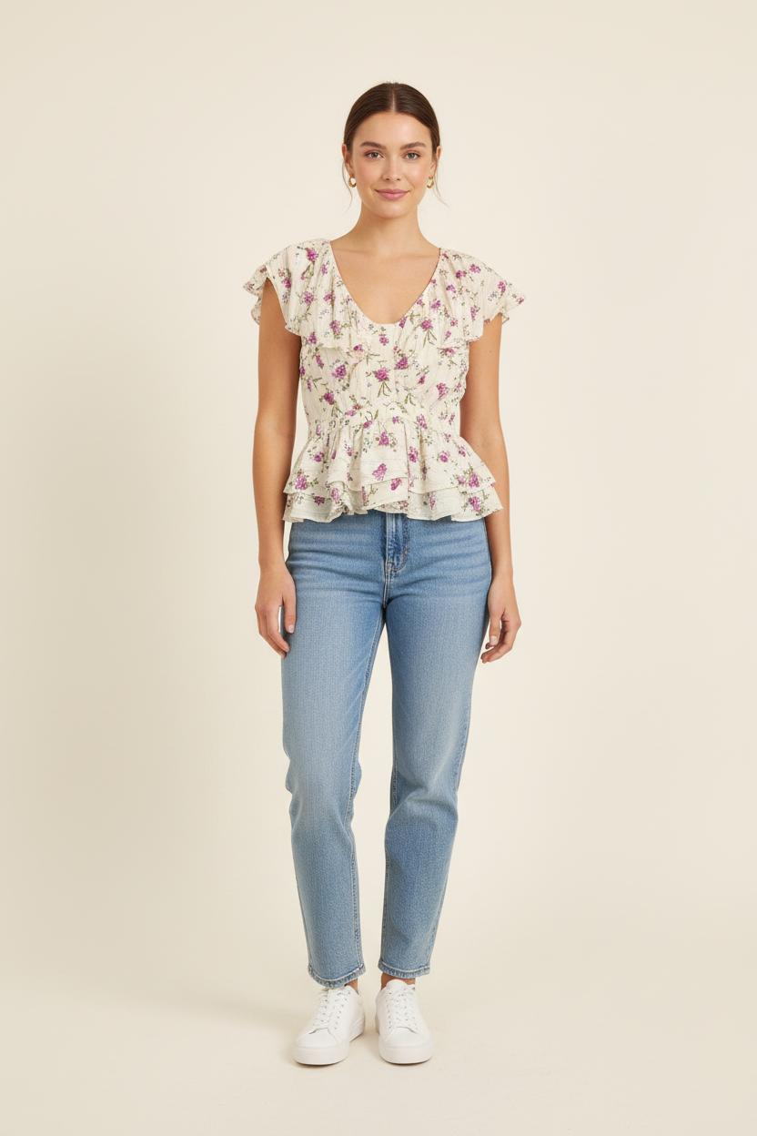 Blouse Blanche à Fleurs Roses et Violettes - Taille S/36
