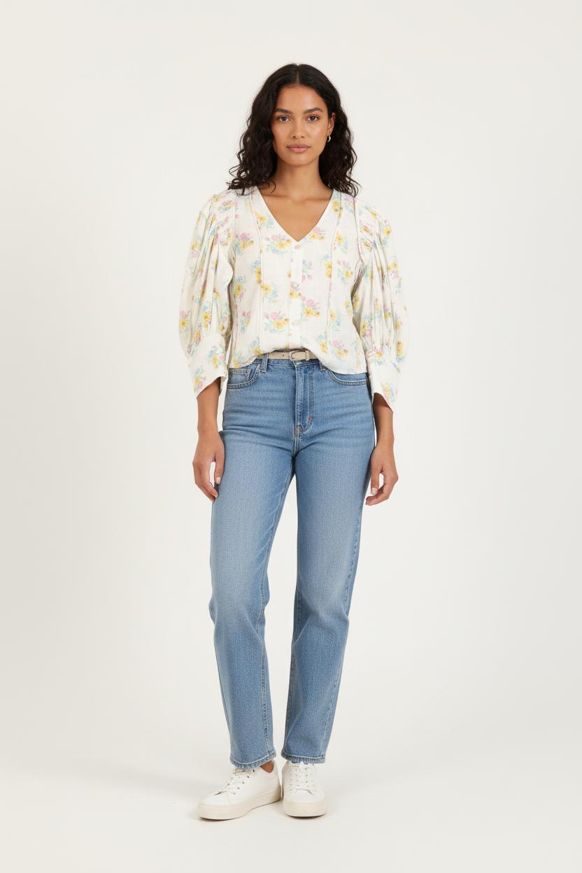 Blouse Blanche à Fleurs - Taille S/36