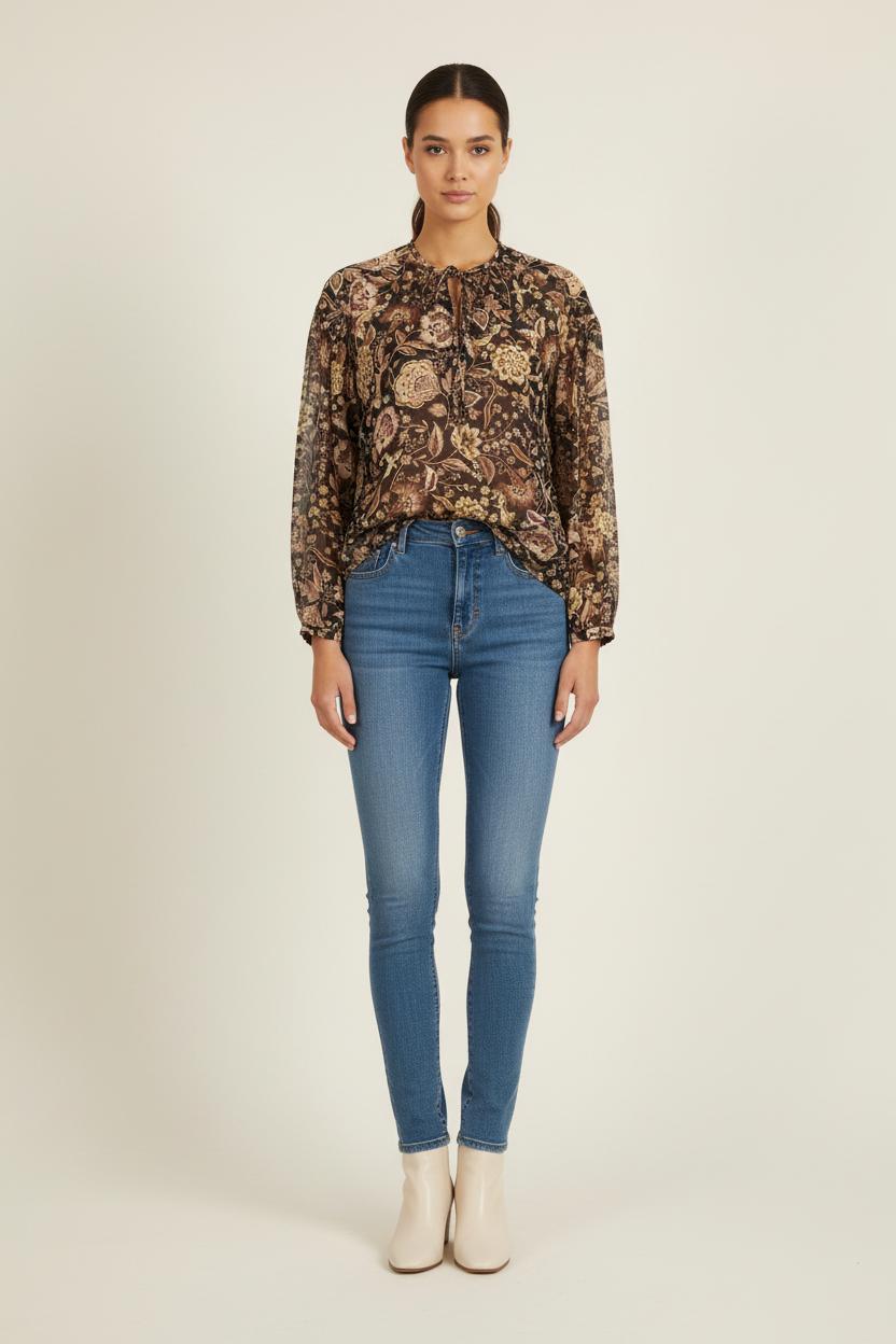 Blouse Fleurie Marron et Beige - Taille S/36