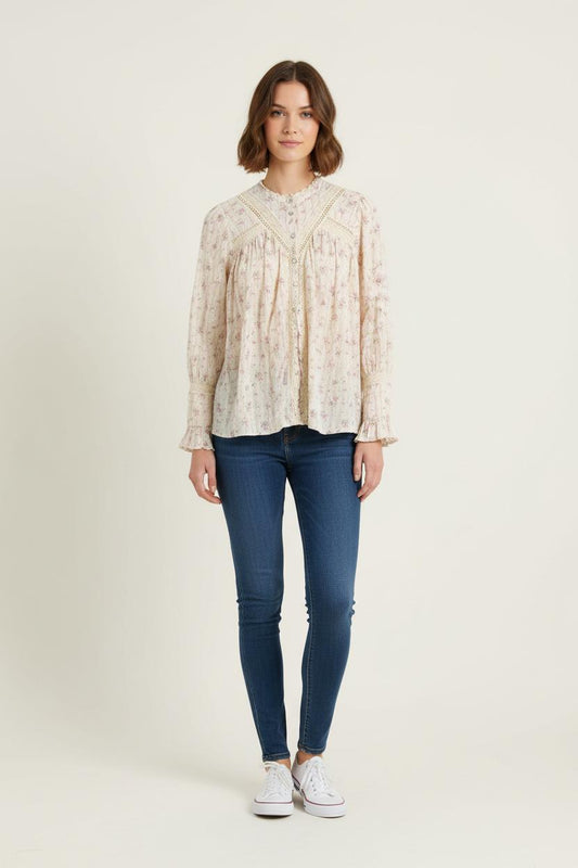 Blouse Beige à Fleurs Roses - Taille M/38